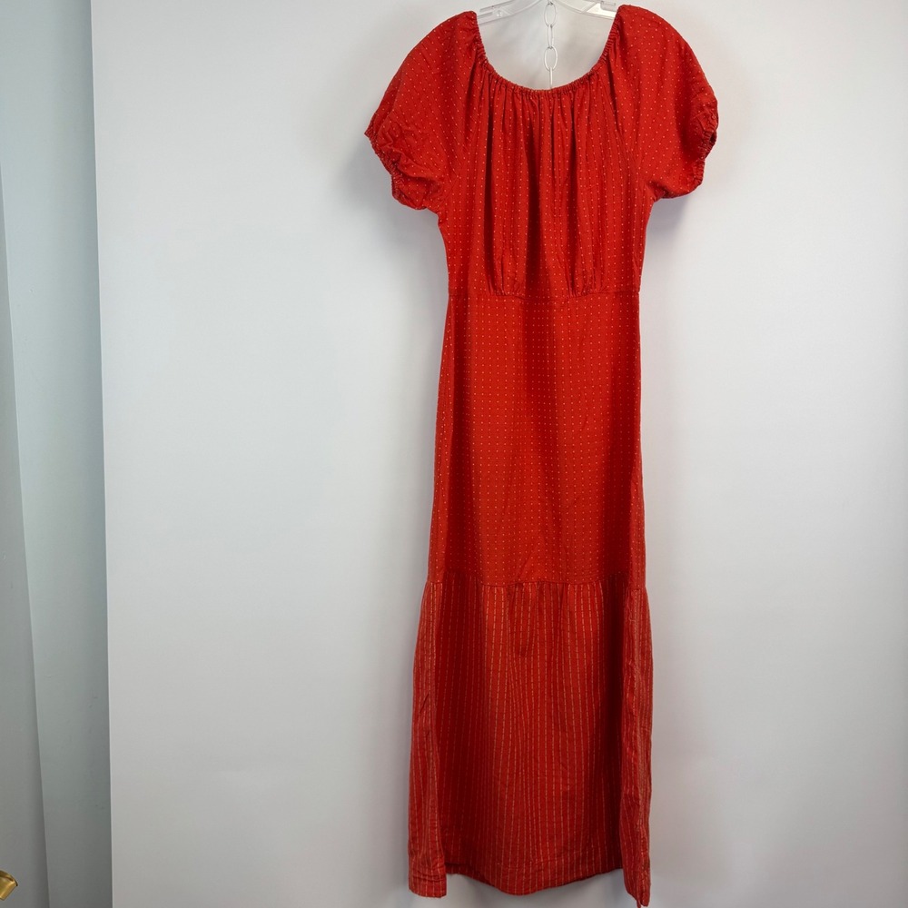 Ace & Jig Red Woven Cotton Maxi Dress Short Puff Sleeve Textured Stripe S